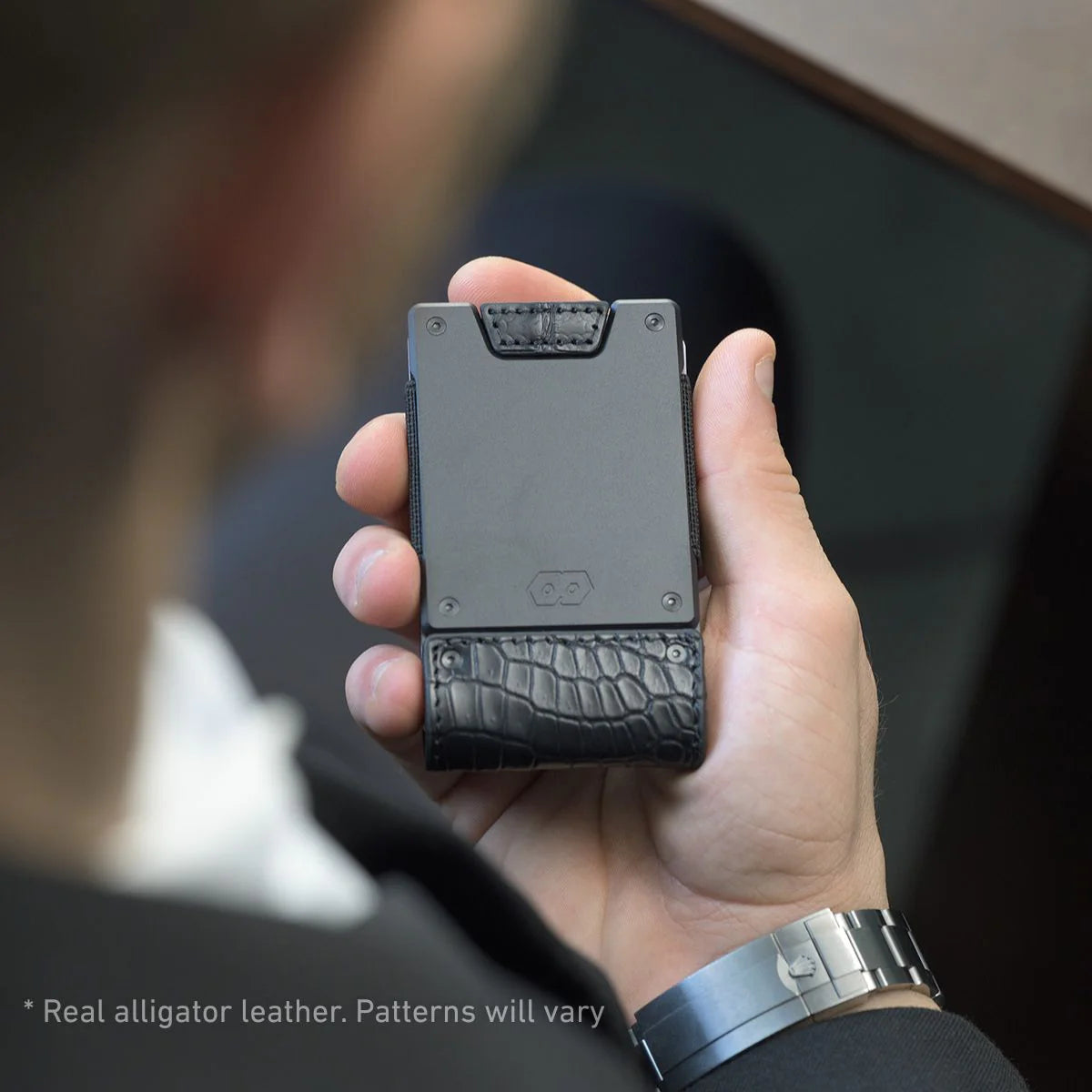 PROOF Wallet | The Everglade | Full Grain Black Alligator Leather | Dark Gunmetal Aerospace Grade Aluminum