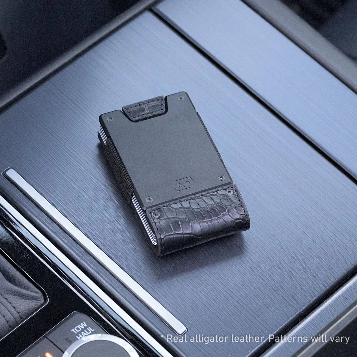 PROOF Wallet | The Everglade | Full Grain Black Alligator Leather | Dark Gunmetal Aerospace Grade Aluminum