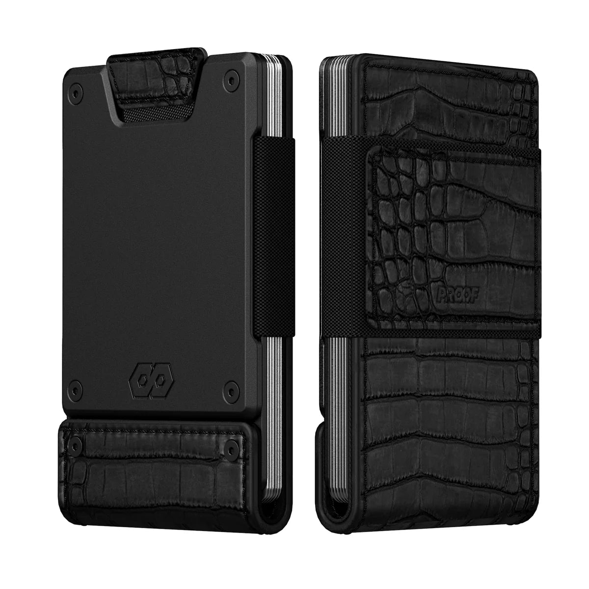 PROOF Wallet | The Everglade | Full Grain Black Alligator Leather | Dark Gunmetal Aerospace Grade Aluminum